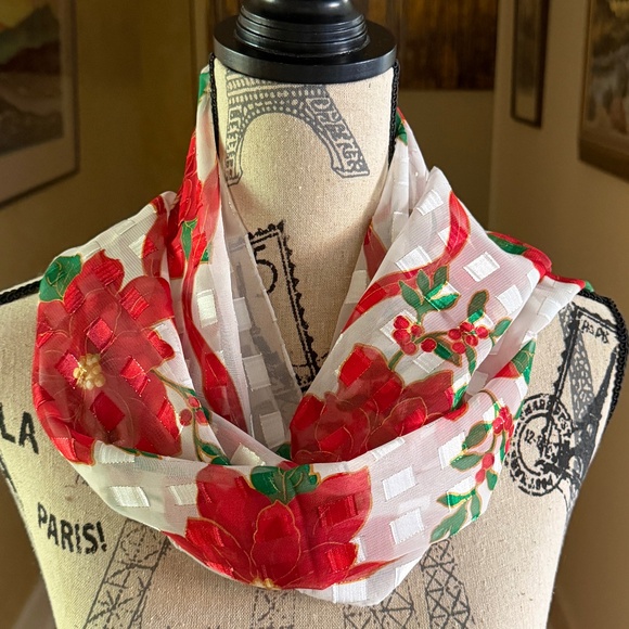 Christmas Poinsettia Scarf Rectangular Made in Korea 57.5"L X 13"W - Picture 3 of 15